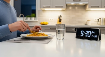 Primer plano de una persona cenando fideos en una mesa de cocina, con un vaso de agua y un reloj digital que marca las 9:30 PM (21:30).