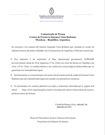 La barrera de Uspallata deja de operar desde las 16 horas, antes del cierre del paso a las 18