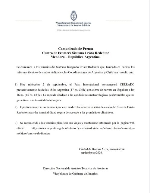 La barrera de Uspallata deja de operar desde las 16 horas, antes del cierre del paso a las 18