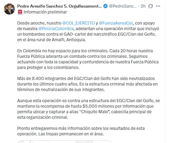 El ministro de Defensa aseguró que siguen en pie los 5 mil millones de recompensa por información que permita dar con el paradero del cabecilla del Clan del Golfo - crédito @PedroSanchezCol/X