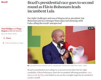 Captura de pantalla de un artículo de prensa en inglés sobre Brasil con una fotografía de Luiz Inácio Lula da Silva con un megáfono