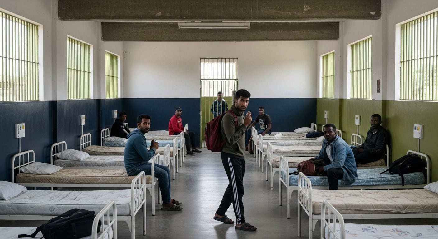 Migrantes de diversas edades y géneros esperan en un gran espacio institucional del Centro de Atención Temporal de Migrantes (CATEM), con literas metálicas y colchonetas básicas. (Imagen Ilustrativa Infobae)