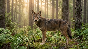 Un lobo rojo de pie sobre musgo y hojas secas mira al frente en un bosque de pinos y helechos iluminado por la luz matutina.