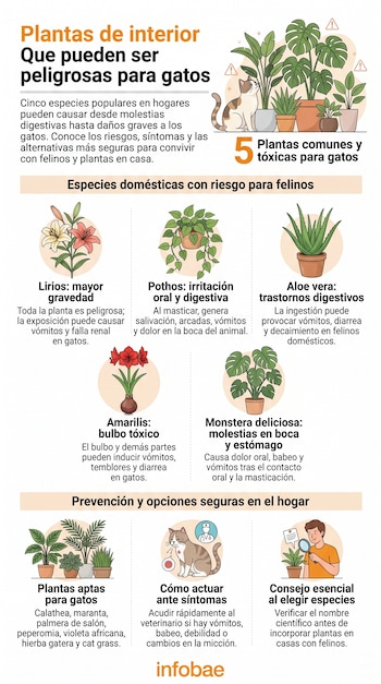 Infografía sobre plantas tóxicas para gatos. Muestra un gato, lirios, pothos, aloe vera, amarilis, monstera, y consejos con un hombre y lupa.