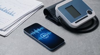 Un smartphone con una aplicación de salud que muestra ondas de voz y el símbolo de IA, un tensiómetro digital y una pila de documentos médicos con gráficos.