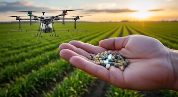 Una mano abierta sostiene semillas de diversos colores con un brillo. Un dron de múltiples rotores sobrevuela un campo verde al atardecer.