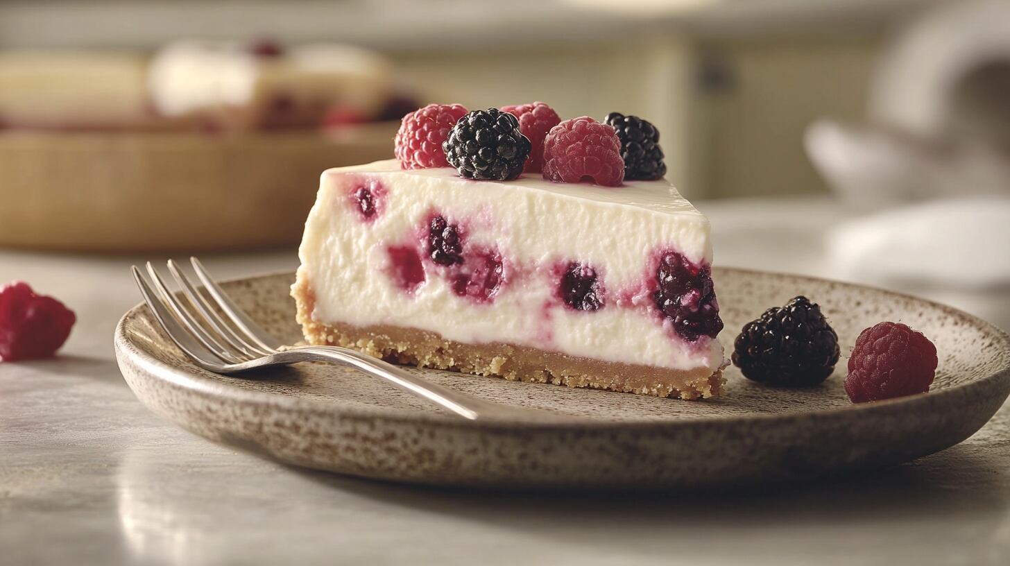 Pastel de yogur con frutos rojos, un postre suave y ligero que combina cremosidad con el frescor de las frutas. - (Imagen Ilustrativa Infobae)