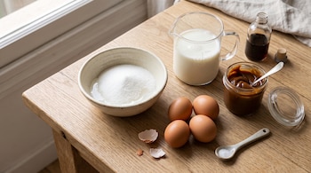 Un cuenco con azúcar, una jarra de leche, cuatro huevos, un frasco de dulce de leche, esencia de vainilla y una cuchara de sal sobre madera.