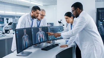 Cuatro científicos con batas de laboratorio observan tres monitores con imágenes de anatomía humana. Se ven microscopios y otros equipos de laboratorio.