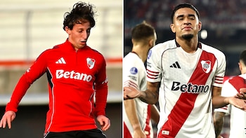 Composición de dos imágenes con los futbolistas Matías Galarza, en chaqueta roja, y Kendry Páez, en camiseta blanca con banda roja