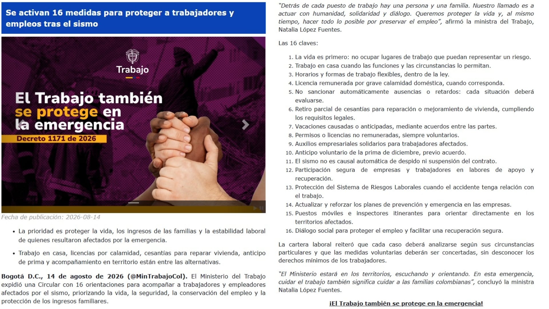 La Circular 0096 del 13 de agosto de 2026 reunió 16 medidas para proteger la vida, los ingresos familiares y la estabilidad laboral de los damnificados en Colombia - crédito Ministerio de Trabajo