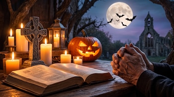 Manos entrelazadas sobre una mesa con un libro abierto, velas encendidas, una cruz de piedra tallada y una calabaza iluminada bajo la luna.
