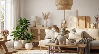 Salón moderno con sofá claro, mesa de centro y gabinete de madera, varias plantas verdes en macetas blancas, arte abstracto en la pared y lámpara colgante de mimbre.