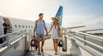 Pareja latina sonriente, el hombre con maleta y mochila, la mujer con sombrero y bolso, suben la escalerilla de un avión bajo el sol.