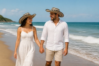 Un hombre y una mujer con ropa blanca y sombreros vueltiaos caminan de la mano por la arena junto al mar.