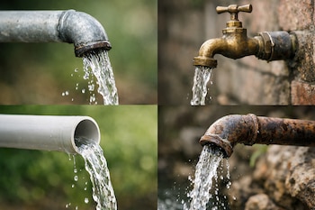 Cuatro imágenes de primer plano muestran agua saliendo de un caño galvanizado, un grifo de bronce, una tubería de PVC y un caño metálico oxidado.