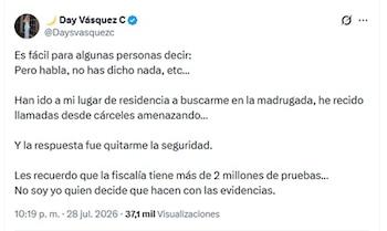 Vásquez compartió un nuevo mensaje vía X la misma noche del martes 28 de julio - crédito @Daysvasquezc/X