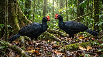 Dos aves negras con prominentes picos rojos caminan entre hojas secas y raíces de árboles en un bosque denso.