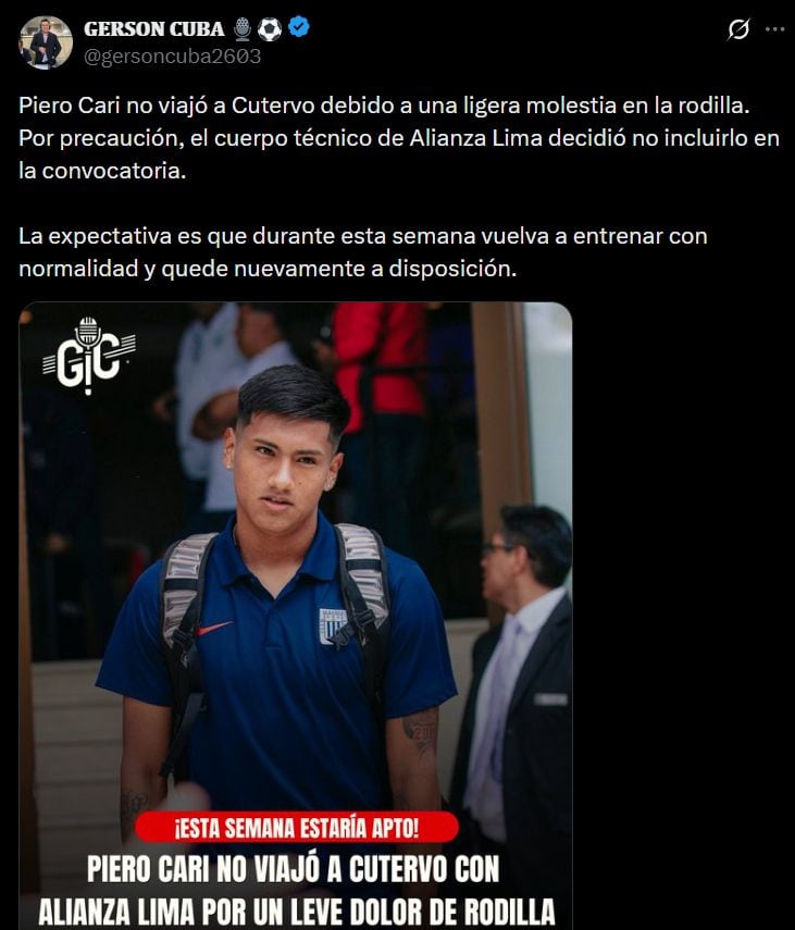 Piero Cari quedó fuera de la convocatoria para Cutervo por una molestia en la rodilla. El cuerpo técnico de Alianza Lima optó por preservarlo y priorizar su recuperación para las próximas fechas. (X: gersoncuba2603)