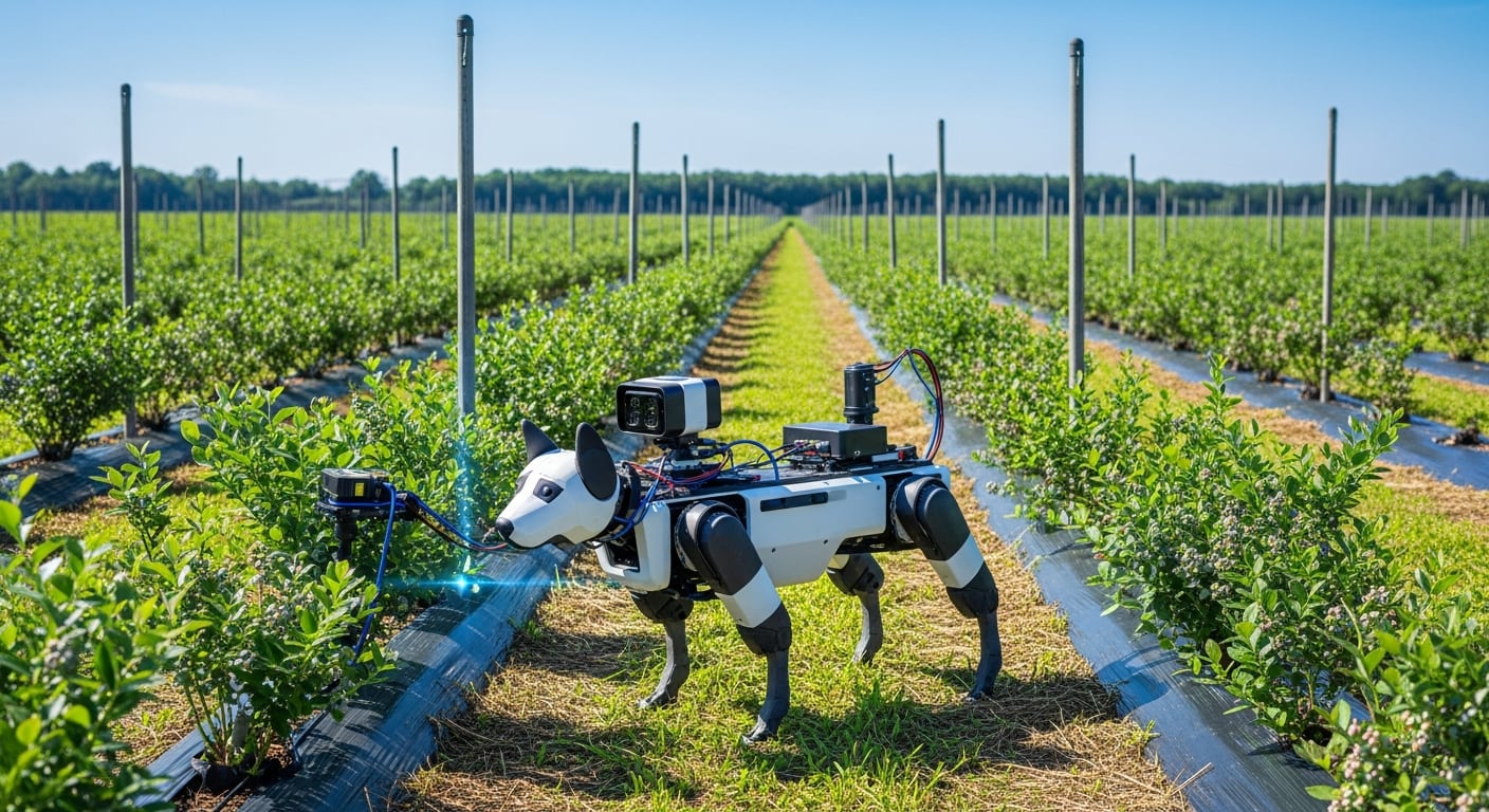 Un perro robot equipado con sensores recorre un moderno campo de arándanos, analizando las plantas en detalle. (Imagen Ilustrativa Infobae)