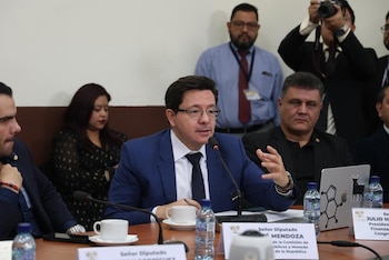 Un diputado con traje azul y corbata habla por un micrófono en una mesa de conferencia con otros asistentes y público al fondo