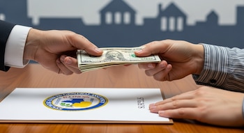 Dos manos intercambian billetes de 100 dólares estadounidenses sobre una mesa de madera, junto a un documento con el logo de la Asamblea General de Illinois y 'Excedente'.