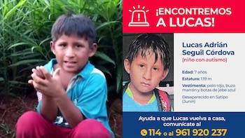 Un cartel de búsqueda en tonos rojo y azul, con el encabezado '¡Encontremos a Lucas!' y dos imágenes del niño Lucas Adrián Seguil Córdova