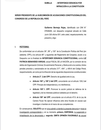 Denuncia constitucional de congresista Guillermo Bermejo contra la fiscal de la Nación, Patricia Benavides.