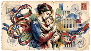 Ilustración de una madre que abraza a un bebé, rodeados por una cinta con banderas de varios países, sellos postales y un edificio clásico.