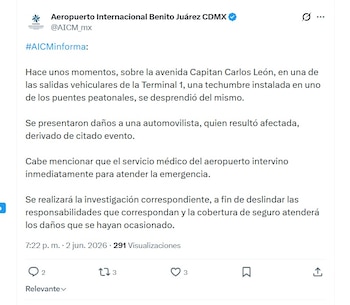 Comunicado del AICM tras la caída de una estructura (X/ @AICM_mx)