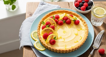 Tarta de limón sin gluten ni lactosa en plato azul, decorada con frambuesas, rodajas de limón y ralladura, junto a un tazón de bayas y un vaso de agua.