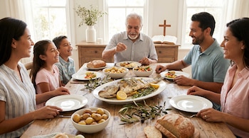 Familia multigeneracional come felizmente en una mesa de madera. Plato central de pescado asado, patatas, pan y ramas de olivo. Al fondo, cruz de madera y libro.