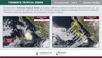 Infografía del Servicio Meteorológico Nacional con una imagen satelital y un mapa del pronóstico de trayectoria de una tormenta tropical