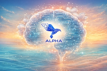 Ilustración digital de un cerebro con circuitos y libros abiertos, el logo de Alpha School en el centro, y un fondo degradado de cielo y mar.