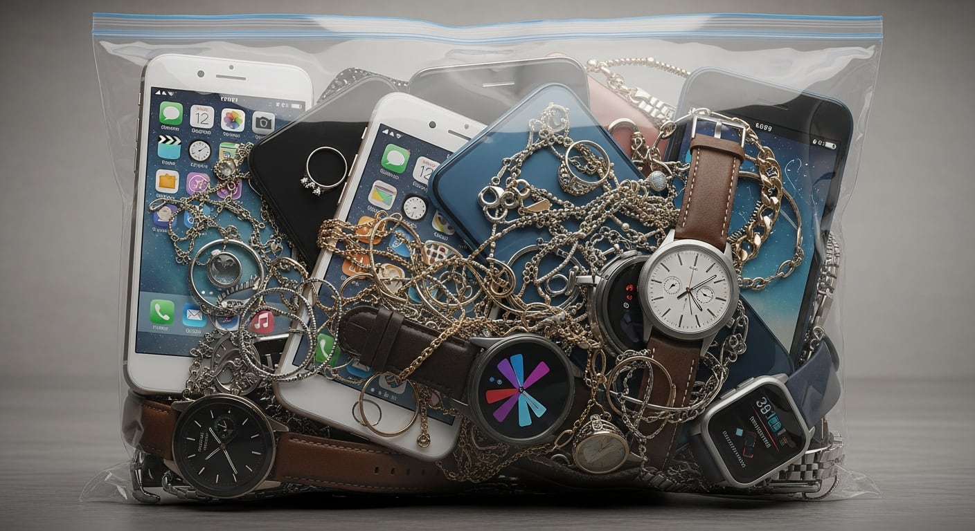 Una bolsa de plástico transparente llena de teléfonos celulares, relojes de pulsera y diversas joyas y cadenas de oro y plata. (Imagen Ilustrativa Infobae)
