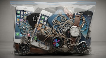 Una bolsa de plástico transparente con celulares, relojes analógicos y digitales, anillos, y cadenas de oro y plata apilados.