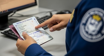 Una persona con uniforme azul sostiene un pasaporte de Panamá abierto que muestra una visa de tránsito aprobada, con un teclado y un monitor en el fondo.