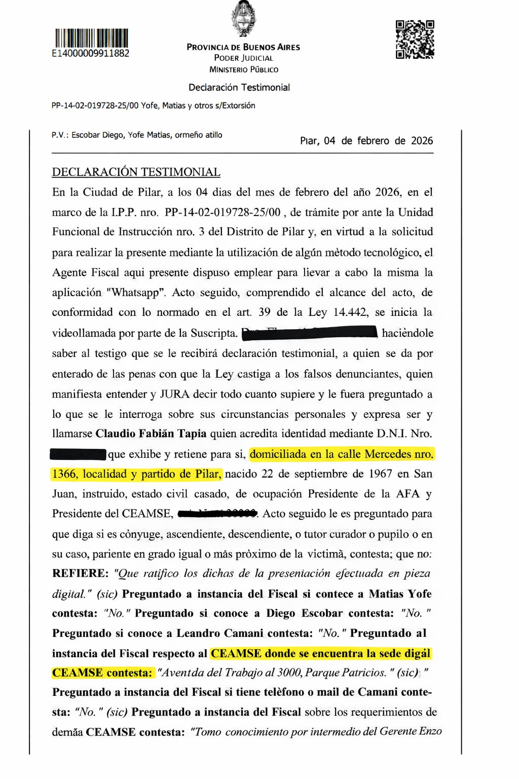 Declaraciones de Claudio Tapia ante la Justicia que menciona el domicilio que no es reconocido por las autoridades jurisdiccionales