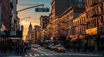 Vista de la Calle 161 en Nueva York con edificios a ambos lados, tráfico de autobuses y taxis amarillos, y peatones cruzando la calle al atardecer.