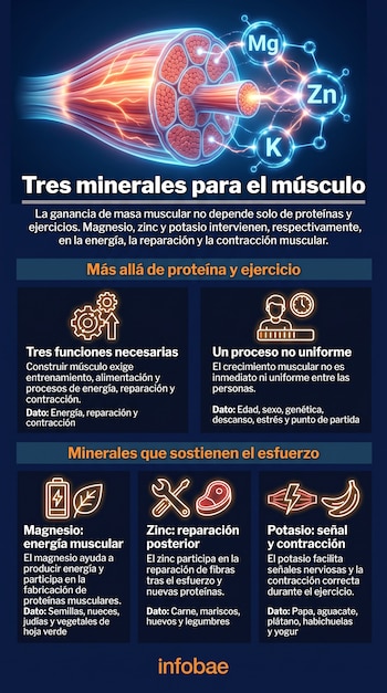 Infografía con ilustraciones de fibra muscular, texto sobre nutrientes e iconos representativos de alimentos sobre fondo azul.