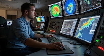 Un hombre de perfil trabaja con teclado y ratón frente a múltiples pantallas de ordenador que muestran gráficos de radar y datos.