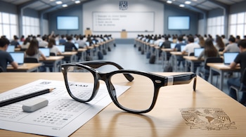 Lentes de armazón negro sobre un examen en papel, lápiz y goma en un escritorio de madera. Un aula con estudiantes y pantallas en segundo plano.