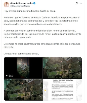 La representante Claudia Romero Nader denunció haber recibido una corona fúnebre en su residencia como presunta intimidación política - crédito @ClauRomeroNader/X