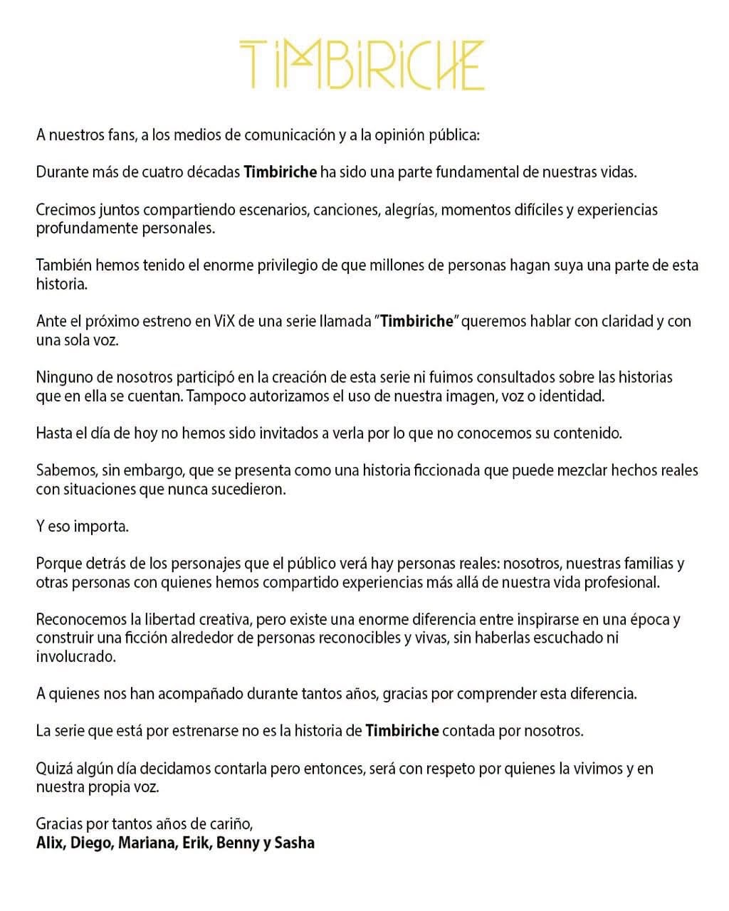 Este es el comunicado de Timbiriche (redes sociales)