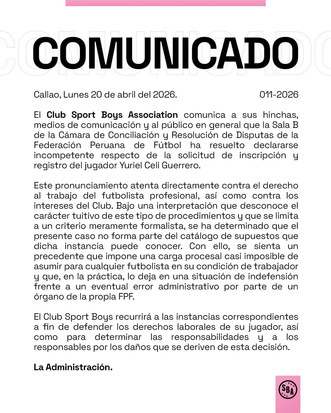 El comunicado de Sport Boys sobre la situación de Yuriel Celi. Crédito: Prensa SBA
