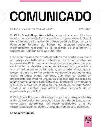 El comunicado de Sport Boys sobre la situación de Yuriel Celi.
