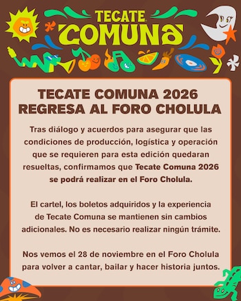 Un cartel promocional con el logo de Tecate Comuna, texto explicativo sobre el Foro Cholula e ilustraciones coloridas alrededor del marco