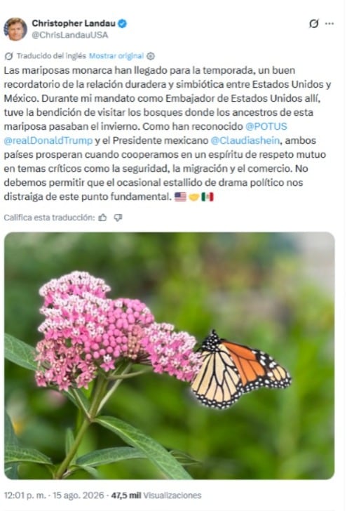 Christopher Landau usa a la mariposa monarca para ‘aliviar tensión’. | X Christopher Landau