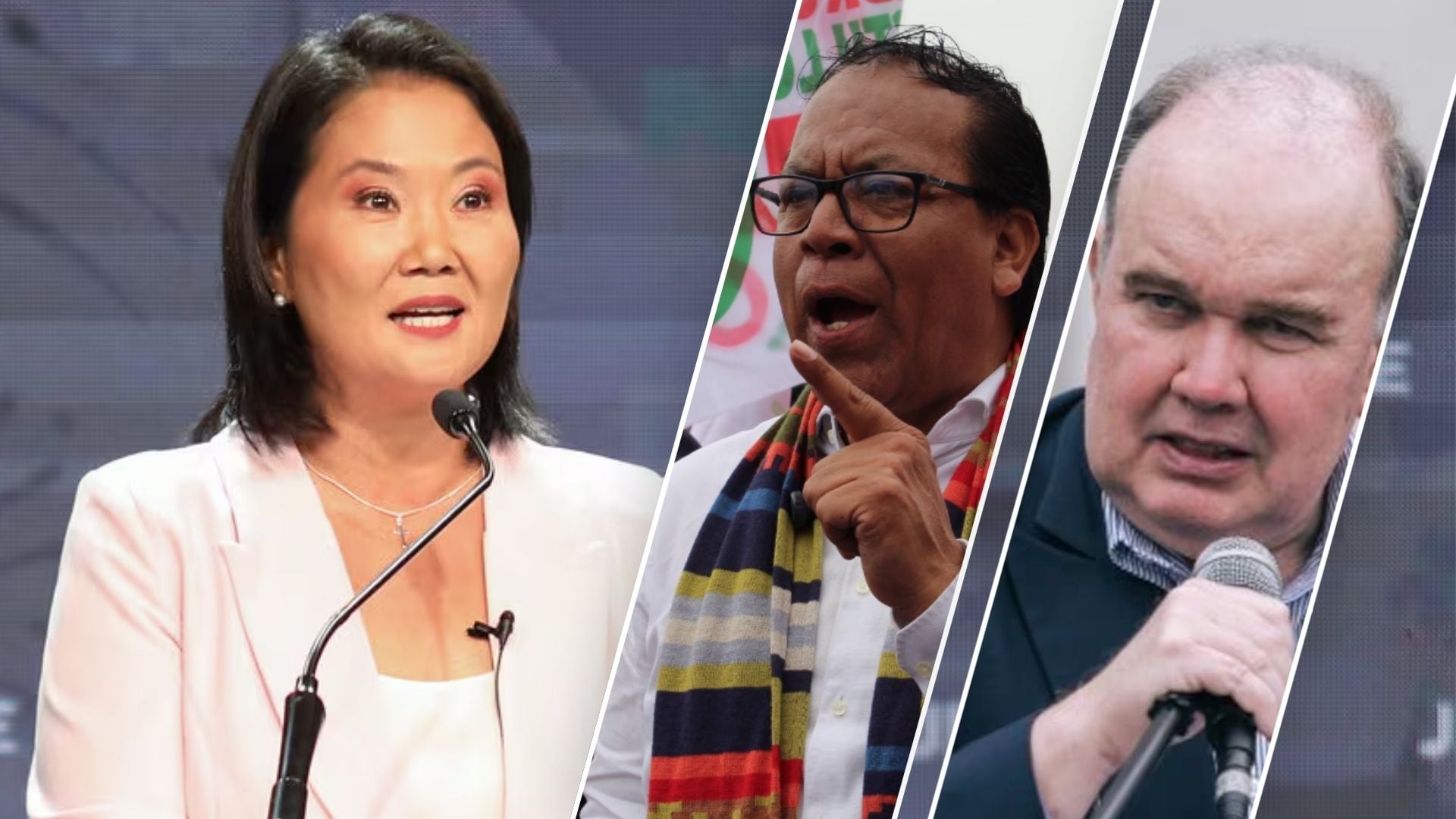 Keiko Fujimori espera rival en segunda vuelta, según cifras de la ONPE. Roberto Sánchez y Rafael López Aliaga en cerrada disputa. Composición Infobae