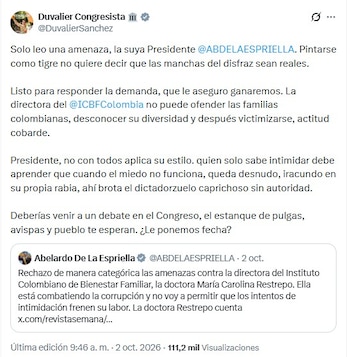 Duvalier Sánchez afirmó que está preparado para responder legalmente a la demanda planteada y asegurar un fallo a su favor, y acusó a Restrepo de desconocer la diversidad de las familias colombianas y asumir una postura victimista - crédito @DuvalierSanchez/X